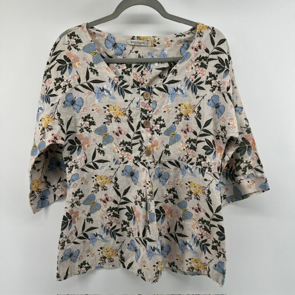 Laura Bianchi Italian Linen Tunic Top Womens S Floral 3/4 Sleeve Button Flowy
